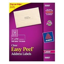 Avery Easy Peel Clear Mailing Labels for Laser Printers, 1 x 2.62 Inches, Box of 1500 (5660)