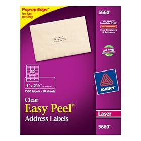 Avery� 5660 Easy Peel Clear Mailing Labels for Laser Printers, 1" x 2 5/8", 30-up, Box of 1500