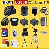 Nikon D3000 SLR Digital Camera with 3-inch LCD (Includes Manufacturer's Supplied Accessories) with 18-55mm Vr Lens + Huge Accessories Package Including Wide Angle Macro Lens + 2x Telephoto + 3 Pc Filter KIT + 8gb Sdhc Memory Card + 2x Extended Life Batter