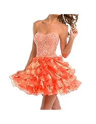 Sexy Strapless Cocktail Short Polyester/Tulle Flared-Skirt Sequined  Lace-Up  Beaded Tiered Sweetheart Prom Dress  With Rhinestones and Ruffles