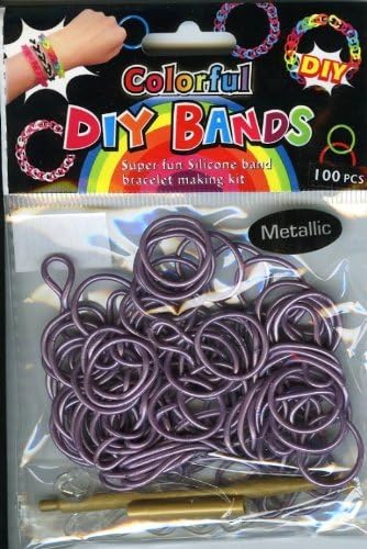 D.I.Y. Do it Yourself Colorful Bracelet Bands 100 Purple Metallic Rubber Loom Bands with Hook Tool & Buckles! Super Fun Silicone Band bracelet making kit !
