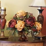 Burgandy and Gold Peony Silk Arrangement in Bamboo Bowl - B001PRLUJM