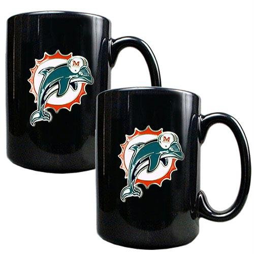 NFL Miami Dolphins Two Piece Black Ceramic Mug Set - Primary Logo