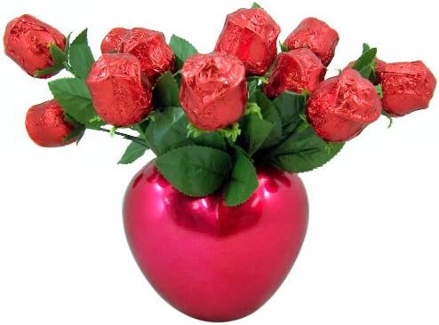 Mother's Day Gift Twelve (12) Hollow Chocolate Long Stem Rose Bouquet Candies in Puffed Red Metallic Heart Shape Vase