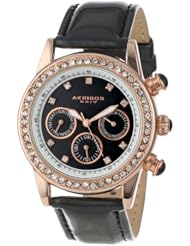 Akribos XXIV Womens AK556BKR Dazzling Rose-tone Swiss Multifunction Black Strap Watch