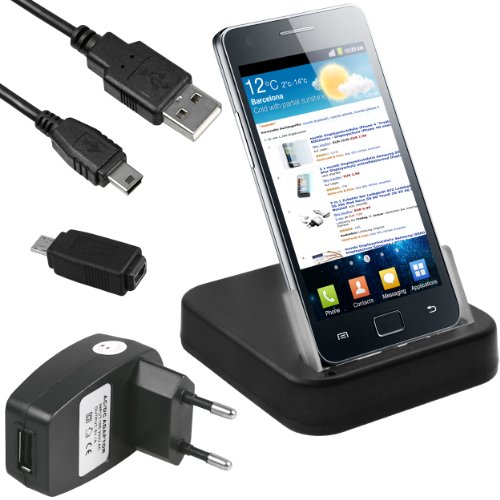 mumbi USB Dock Samsung i9100 Galaxy S2 SII S 2 II Dockingstation / Tischladestation + USB Datenkabel + Ladegerät Netzteil + Adapter Mini auf Micro USB