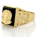 10K YELLOW GOLD ONYX JESUS FACE RELIGIOUS MENS RING