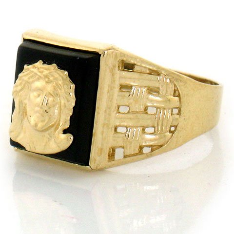 14k YELLOW GOLD ONYX JESUS FACE RELIGIOUS MENS RING