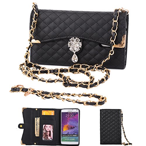Samsung Galaxy Note 4 case, FIBEST Elegant Bag Design Bling Diamond Wallet Leather Case Card Slot Cover Bag with Strap for Samsung Galaxy Note 4 (Black)