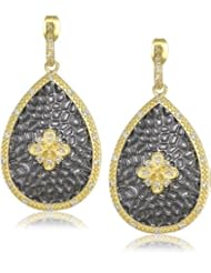 Freida Rothman Belargo Jewelry "Links" Collection Black and Gold Floral Crest Teardrop Earrings