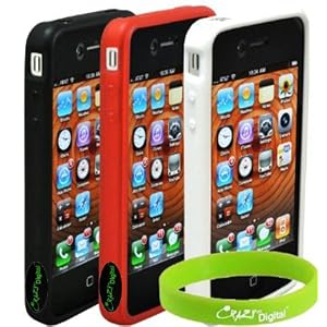 CrazyOnDigital Bumper Skin Case for Apple iPhone 4 and 4G -  3 Pack (Black, Red, White)