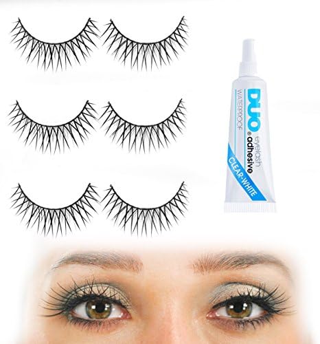 Criss-crossed Length & Volume Fake Eyelashes Set with Duo Clear Glue | 6 X Strip Wispies for Your Ultimate Eye Makeup Look - Black False Eyelashes (3 Pairs) - Long-lasting & Easy to Apply!
