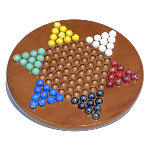 510JUXSJuJL Classic Medium Stained Solid Oak Wood Chinese Checkers Set with Glass Marbles