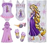 Disney Store Tangled Princess Rapunzel 6 Piece Swimwear Swimsuit Gift Set with 2 Bathing Swim Suits and Hood