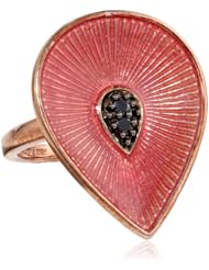 18k Rose Gold Plated Sterling Silver Black Diamond Pink Enamel Teardrop Ring (0.07 cttw)