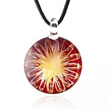 Chuvora Hand Blown Venetian Murano Glass Pendant Necklace Red with Yellow Flower