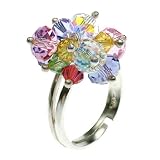 Pastel Lavender Multi-Colored Cluster Faceted Swarovski Crystal 925 Sterling Silver Finger Ring - Adjustable Size 6,7,8,9
