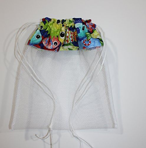 Sea Shell Bags, Rainbow Fishes Fabric & Mesh Drawstring Beach Bag Handmade by FrogBlossoms