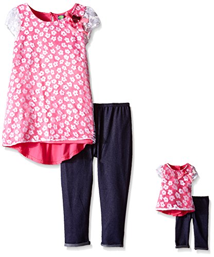 Dollie & Me Big Girls' Hi-Lo Knit and Floral Burn-out Tunic Denim Legging Set