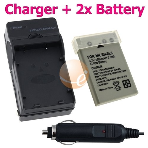 2 Nikon EN-EL5 / ENEL5 / CP1 Replacement Battery + Battery Charger Combo Pack FOR Nikon CoolPix 3700 / 4200 / 5200 / 5900 / 7900 / P100 / P3 / P4 / P5000 / P5100 / P6000 / P80 / P90 / S10 Digital SLR Camera