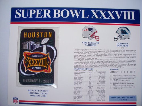 2003 New England Patriots vs Carolina Panthers NFL Super Bowl 38 (XXXVIII) 2004 Tom Brady MVP Willabee Ward Patch and Stat Panel Card