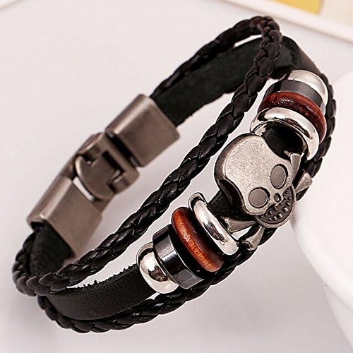 KINGLISWORLD Beads Woven Rope Genuine Leather Bracelet Fashion Handmade Vintage Jewelry Mens Womens Tribal Braided Cuff Bangle Charm (P:Skull Beads Bracelet)