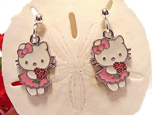 Girls Earrings with Pink Enameled Hello Kitty Charms holding Flower Bouquet, Hello Kitty jewelry, Girls Jewelry, Valentine's Day, stud earrings, pink earrings