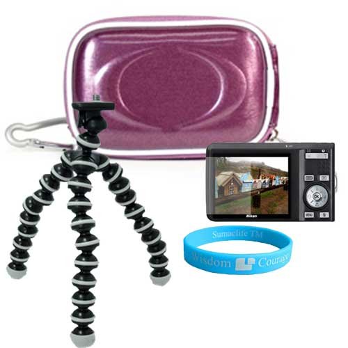 Hard Candy Purple Camera Zip Case for Panasonic Lumix DMC FX150, FX30, FX33, FX35, FX37, FX500, FX55 + Ultra Flex Tripod + Screen Protector + Wisdom * Courage Wristband