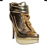 Womens Qupid Gold Snake Metallic Lace Up Platform Bootie (Nelson107)