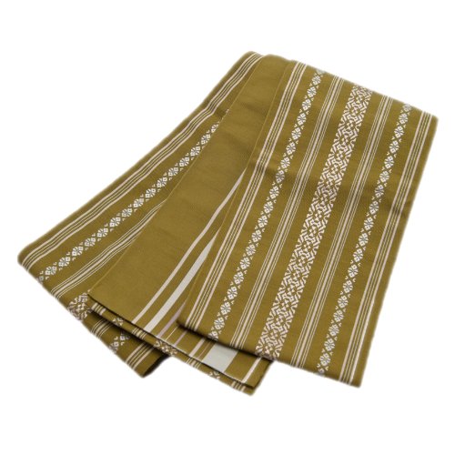 本場 筑前 博多織 正絹 博多帯 献上柄 半幅帯 鶯茶色 伝統 半巾 帯 小袋 細