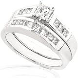 7/8ctw Princess Cut Diamond Wedding Ring Set in 14k White Gold