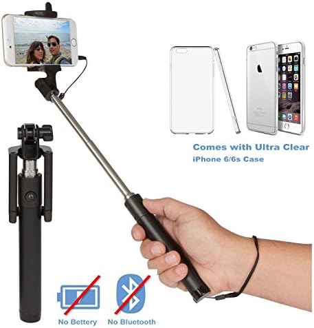Selfie Stick with iPhone 6 6s Case - Light Self-portrait Monopod Extendable for iPhone SE 6/6s, 6 Plus, 5 5s, and Samsung Galaxy S6 S5 Android Phones Built-in Remote Shutter by AmazingLifestyle, Black