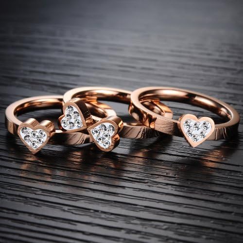 HHBuy Jewelry Rose Gold Full Crystals Setting Heart love Three In One Ring Charm Her Wedding Band