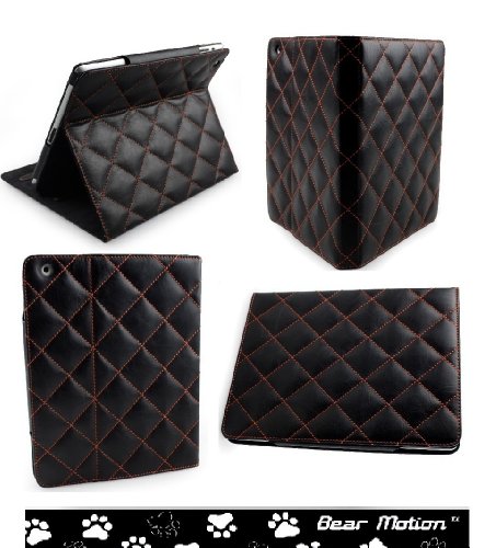 Bear Motion &reg; Luxury 100% Full Grain Genuine Top Layer Buffalo Hide Vintage Leather Case for iPad 2 / iPad3 / the New iPad built-in Stand for Apple Ipad 3 (Latest Generation) Tablet - (Diamond Vintage Black)