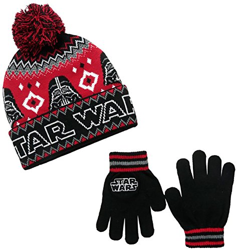Star Wars Little Boys' Darth Vader Intarsia Knit Cuff Pom Beanie and Glove Set, Black/Red, One Size