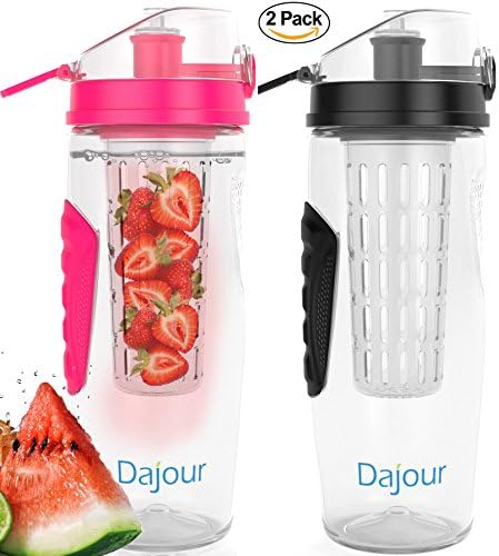 Fruit Infuser Water Bottle 32 Ounce NO BPA Sports Flavor Infusion Bottle - PLUS Recipe Ebook and Cleaning Brush INCLUDED (2 PACK - PINK&amp;BLACK)