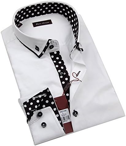 Giannia Lorenzo Mens White Solid Shirt with Black and White Polka Dot in Collar (Small)