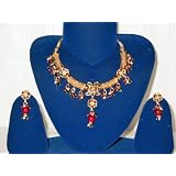Ruby Red and Green Beads Kundan Work Goldplated Bollywood Designer Necklaces-earring Set