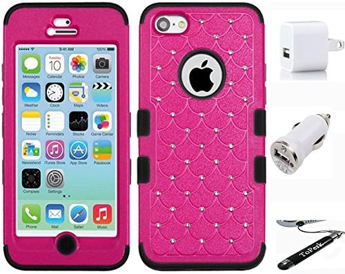 iPhone 5C / LITE ToPerk Dual Layer Diamond Tuff Armor Case &amp; ToPerk TM Stylus Pen + Charging Adapters Combo Set As Bundle Sale - Natural Hot Pink/Black