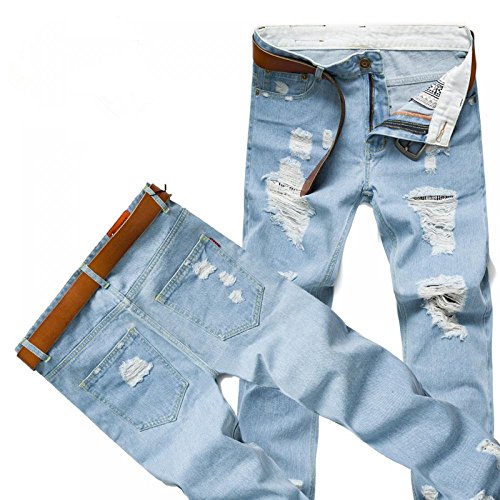Men's Blue Ripped Destroyed Distressed Skinny Straigth Cut Slim Jeans