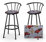 2 Fireman Blue Fabric Specialty / Custom Black Barstools with Backrest Set