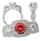 18k Chatham cultured 6.5mm round padparadscha color #3 3-stone style engagement ring with natural diamonds