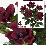 FOUR 2' Magnolia Artificial Silk Flower Bushes (Burgundy) for Home, Garden and Decoration