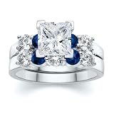 2.75 CT PRINCESS DIAMOND W ROUND BLUE SAPPHIRE RING SET