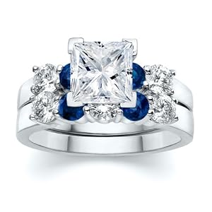 3.51 ct Princess Diamond W Round Blue Sapphire Ring Set