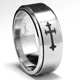 Stainless Steel Cross Spinner Ring with Laser Etched Design sizes 8 to 14: Jewelry