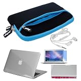 Premium Skque Clear Hard Plastic Crystal Case + 13.3 Inch Series LCD Screen Protector + White Headset Earphone + Hot Pink Anti Dust Plug Cover for Laptop Notebook + 13.3inch Laptop Glove Case Blue(Outside Black,Inner Blue,zipper Blue) for Apple MacBook Air 13.3