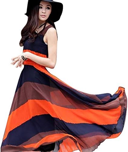 Sexyggs Women's Bohemian Chiffon Stripes Summer Beach Sleeveless Maxi Dress