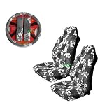 A Set of 5 Pc. Universal-fit Hawaiian Hibiscus Floral Print Front Bucket Seat Cover, Steering Wheel Cover and Shoulder Harness Pressure Relief Cover - Grey