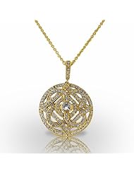 14KT Yellow Gold Intricately designed Pave Pendant with central Bezel Set Round Brilliant Diamond. 1 CTW